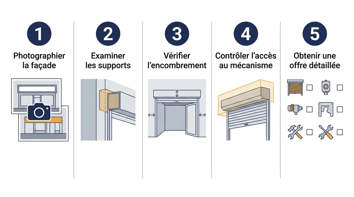 Vérifications avant le choix d’un rideau métallique : façade, supports, encombrement, accès et offre.