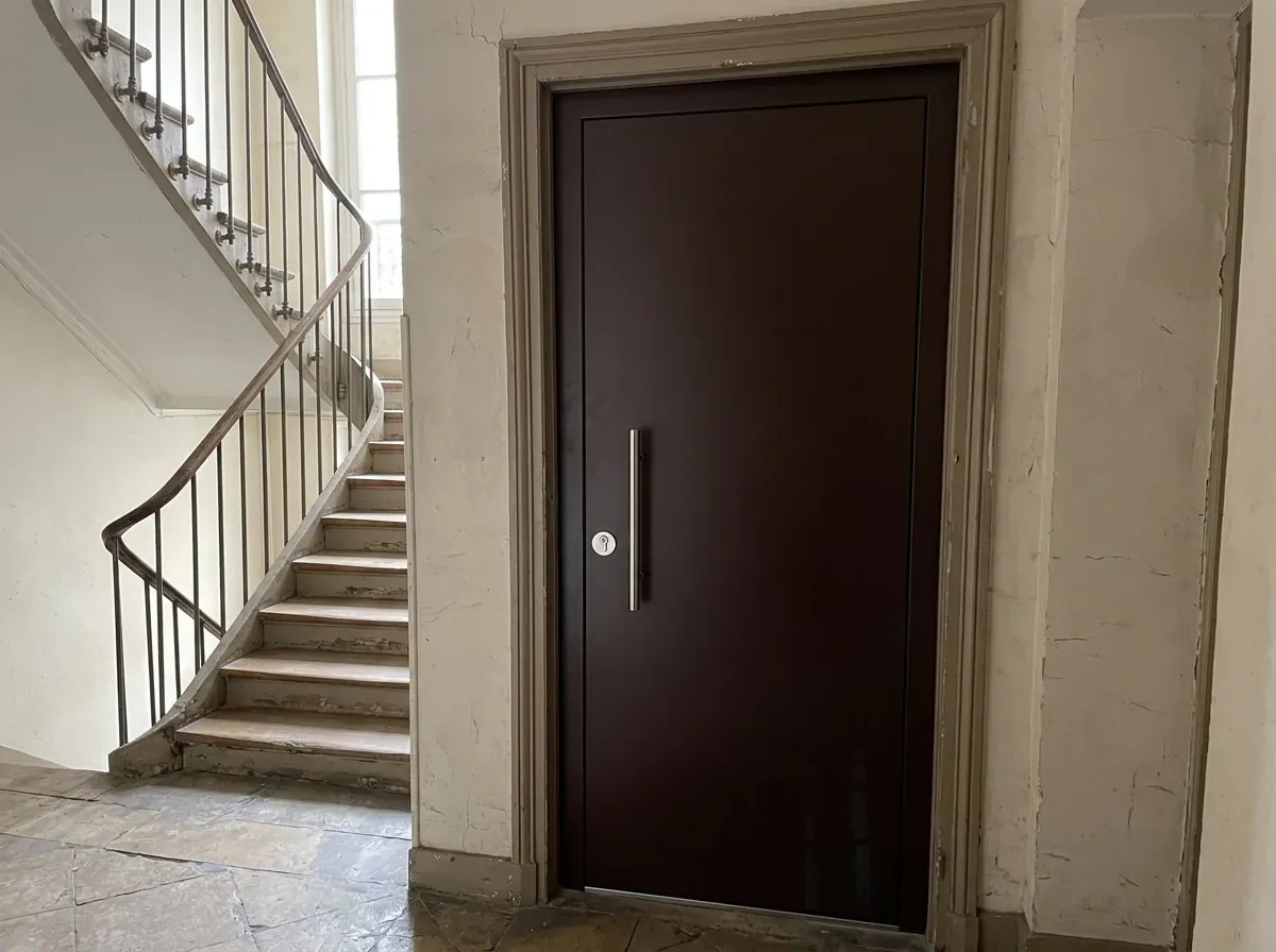 Renforcement de porte bois par tôle acier sur le palier d'un immeuble ancien