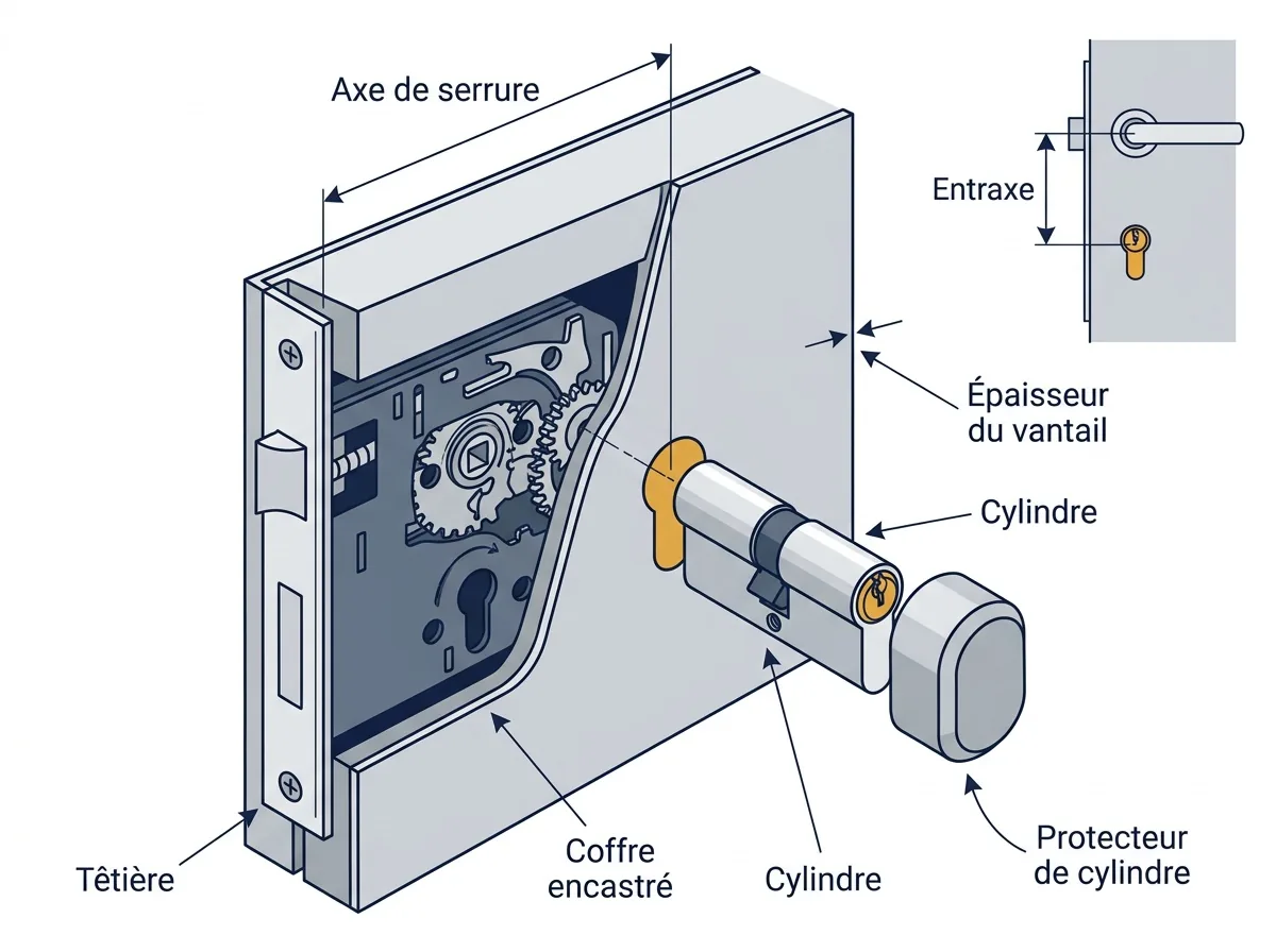 Serrure 3, 5 ou 7 points : coupe et repères d’axe, d’entraxe et d’épaisseur du vantail.