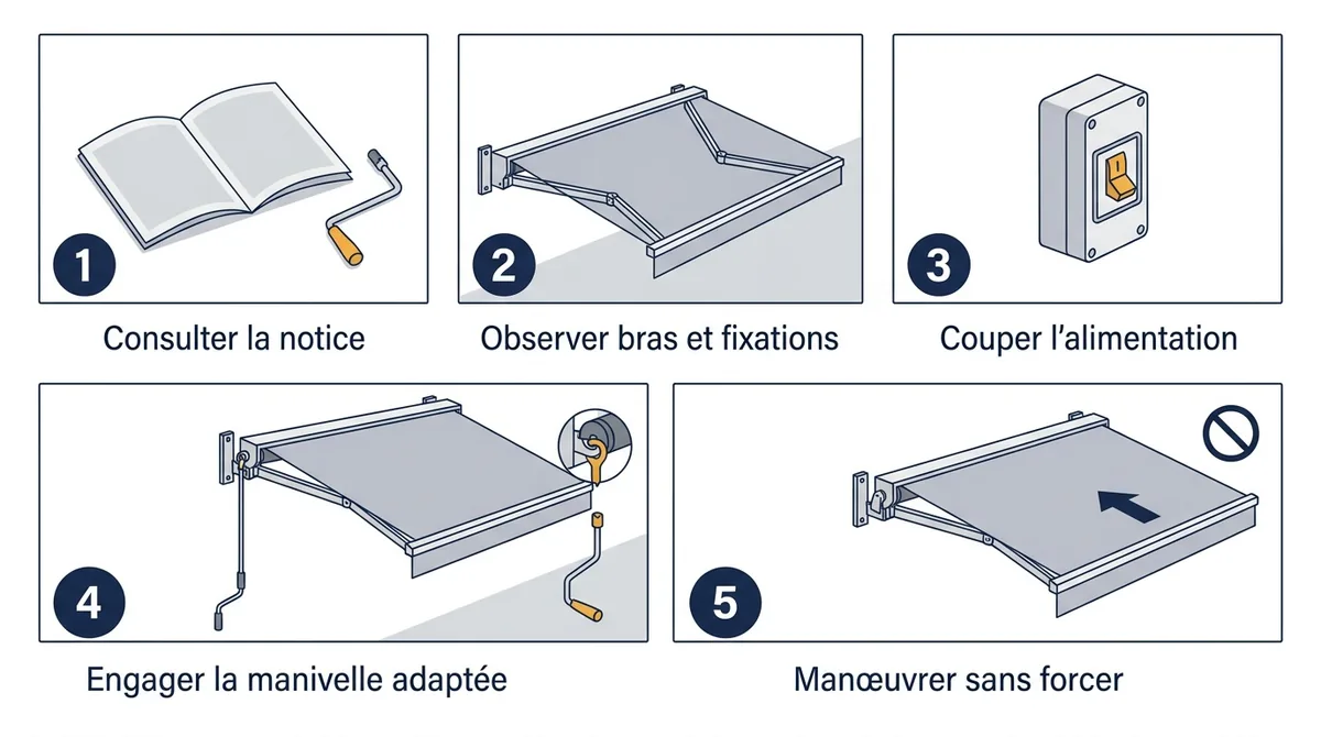 Étapes pour un store banne bloqué : contrôles préalables et manivelle de secours compatible.
