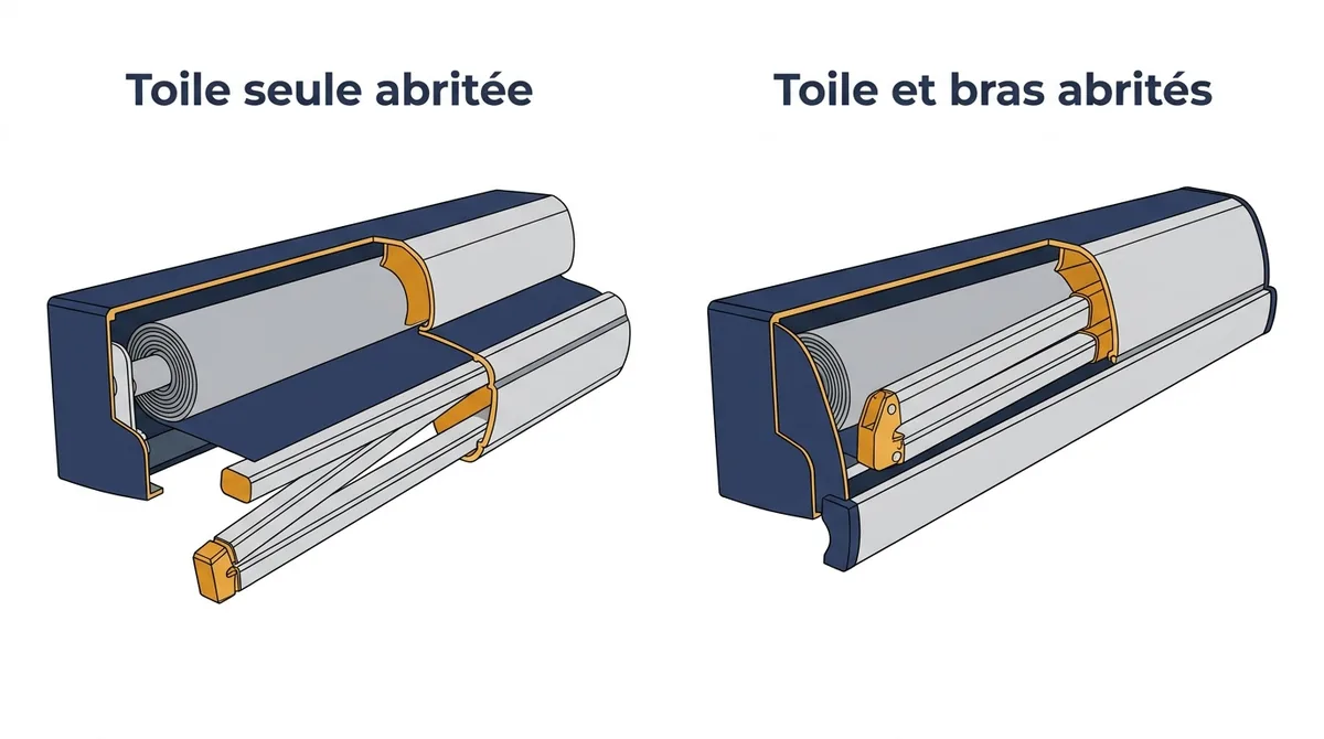 Comparaison d’un store banne fermé : toile seule abritée ou toile et bras dans un coffre intégral.