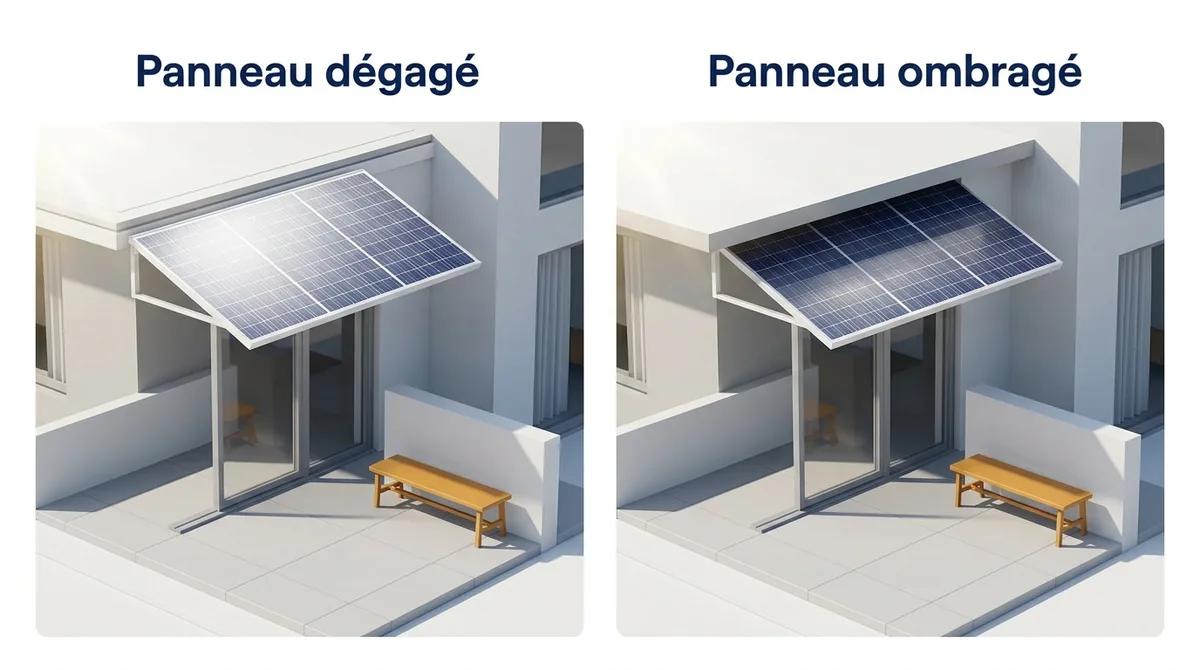 Exposition d’un store banne solaire : panneau dégagé ou ombragé par une avancée de toit.