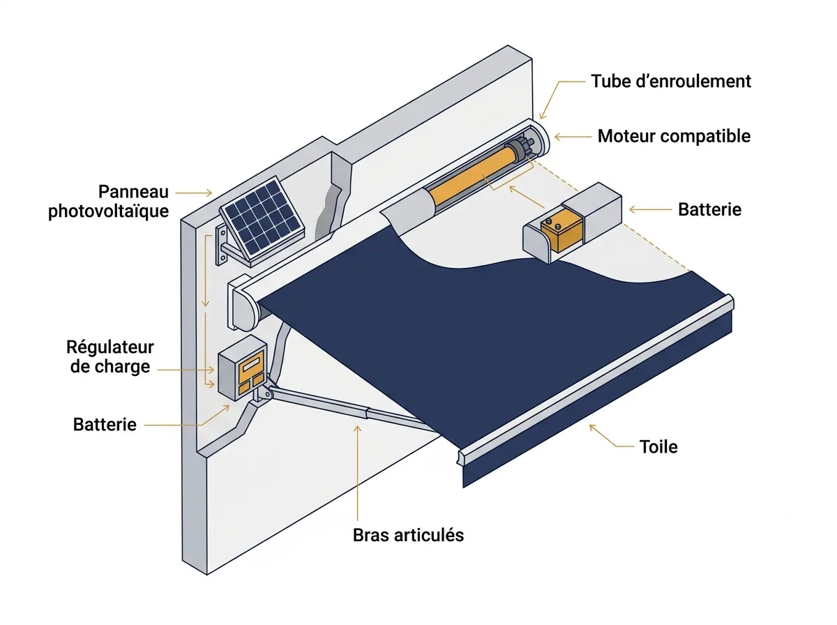 Schéma du store banne solaire : panneau, régulateur, batterie et moteur tubulaire.
