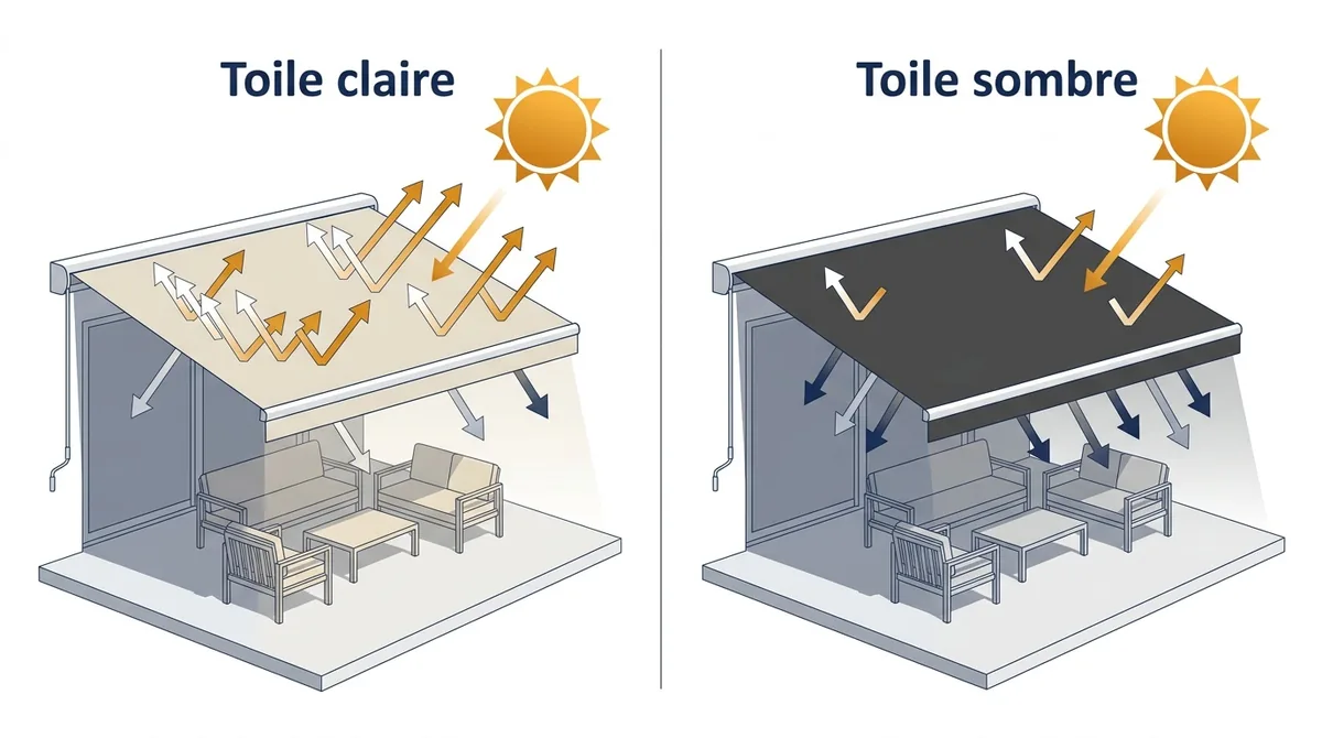 Comparaison d’une toile de store banne claire et sombre face au rayonnement solaire.