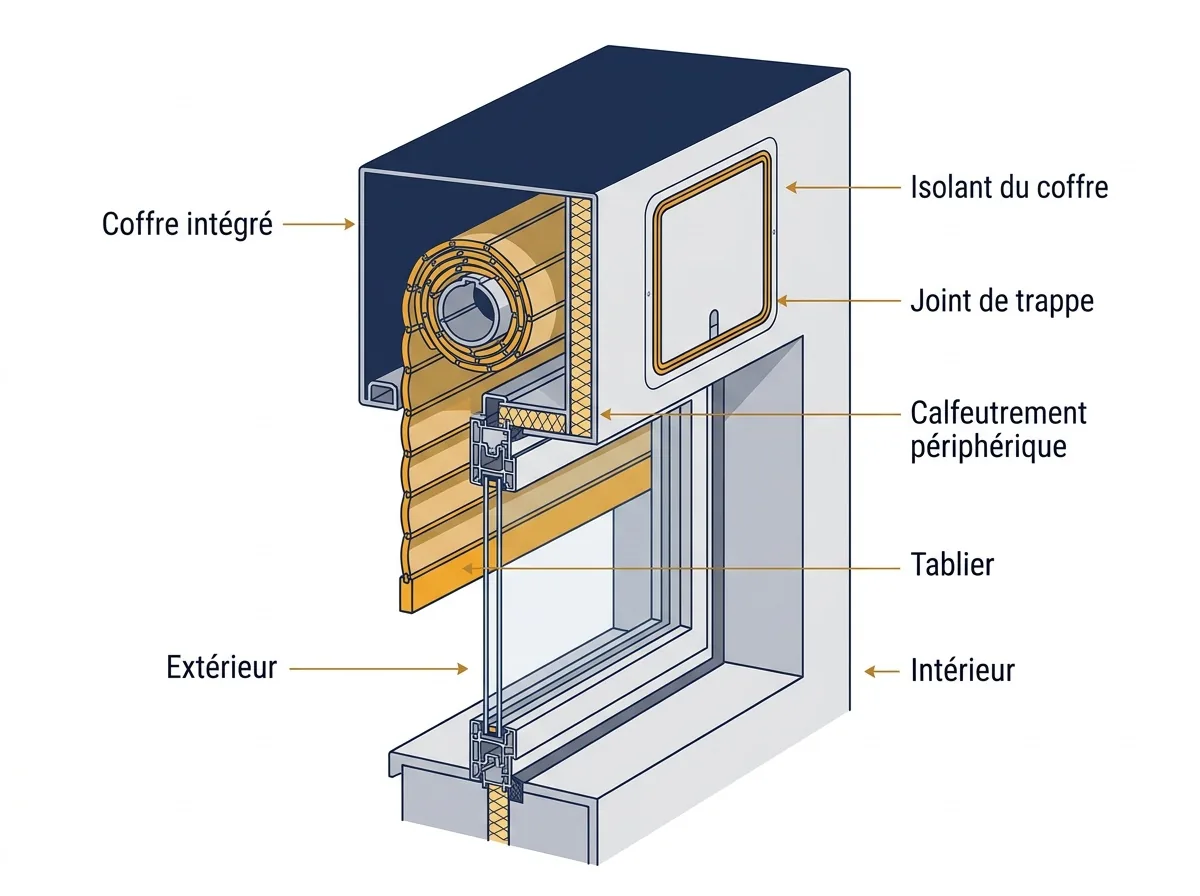 Coupe d’un volet roulant alu ou PVC : coffre intégré, isolant et joints autour de la fenêtre.
