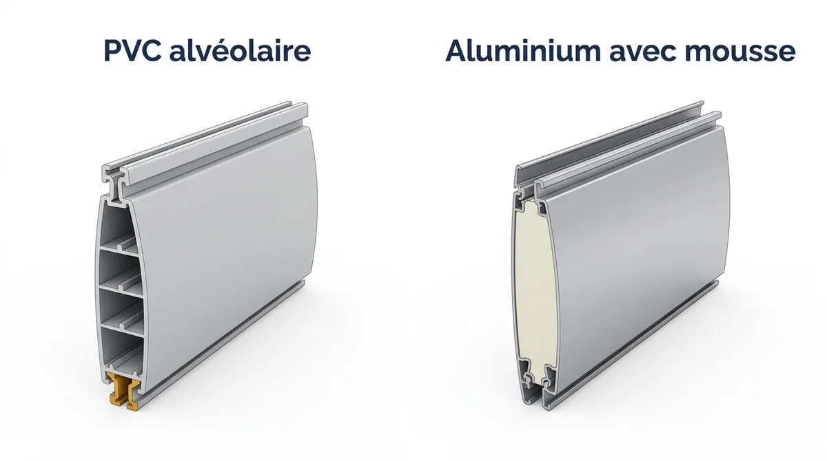 Profils de lames d’un volet roulant alu ou PVC : PVC alvéolaire et aluminium avec mousse.