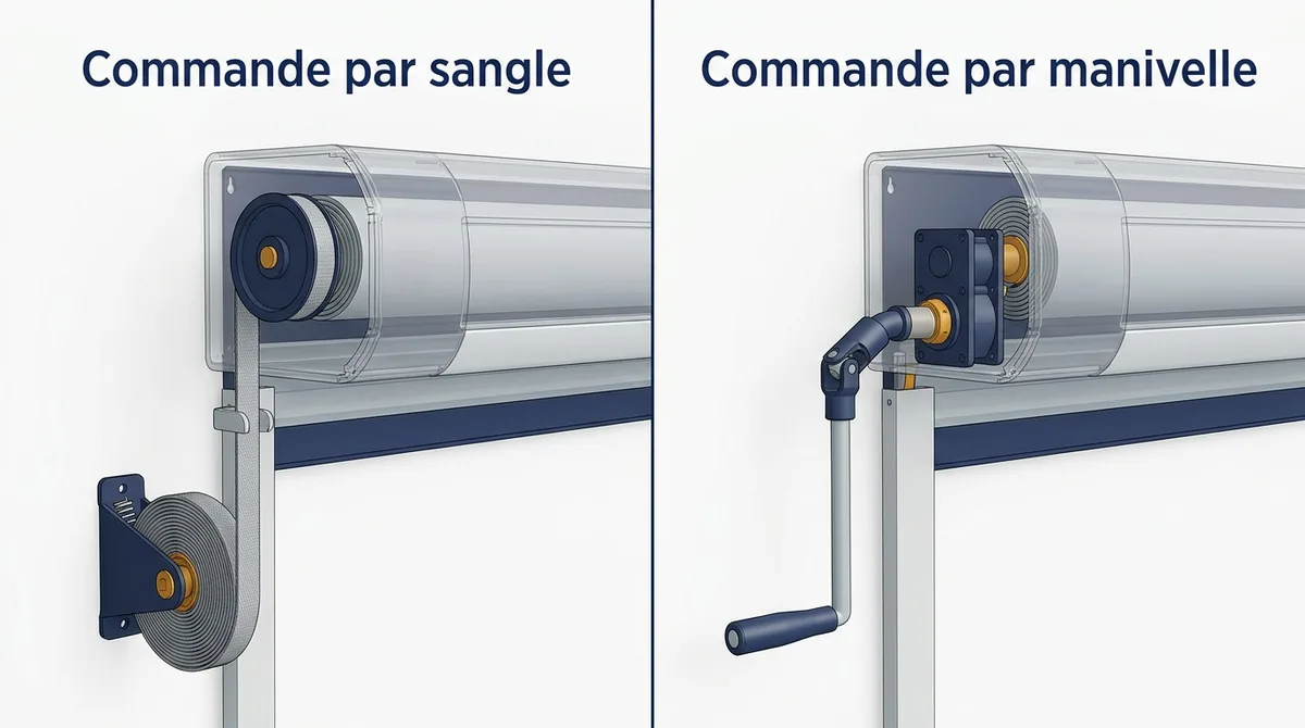 Sangle et manivelle : deux entraînements manuels à distinguer sur un volet roulant bloqué.