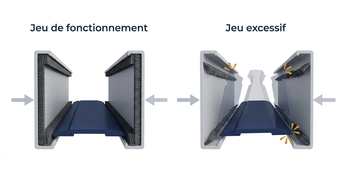 Comparaison du jeu dans les coulisses d’un volet roulant qui fait du bruit sous l’effet du vent.