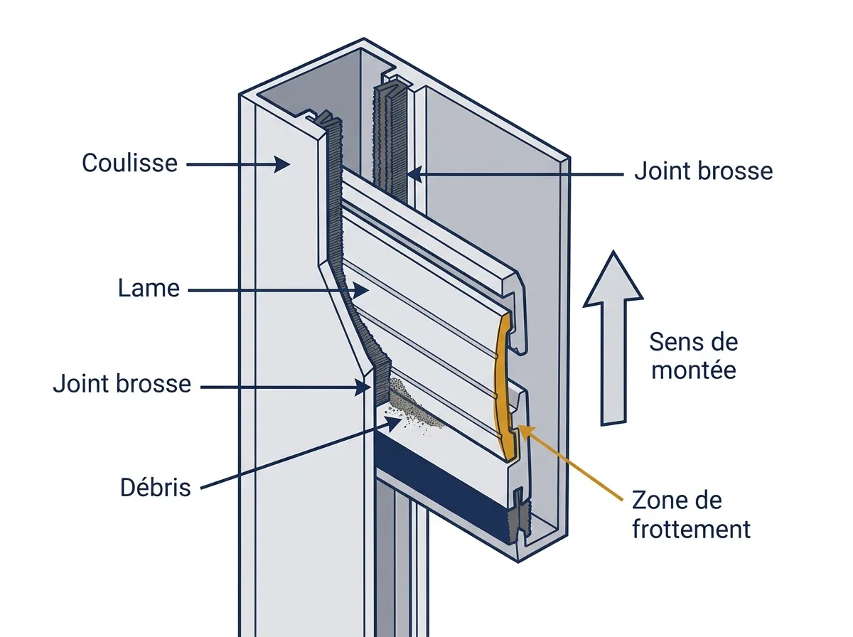 Coupe d’une coulisse encrassée montrant le frottement d’un volet roulant qui fait du bruit.
