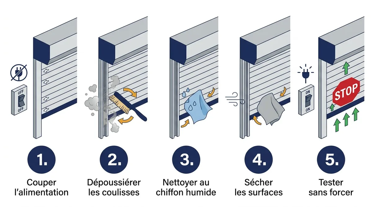 Nettoyage en cinq étapes des parties accessibles d’un volet roulant qui fait du bruit.