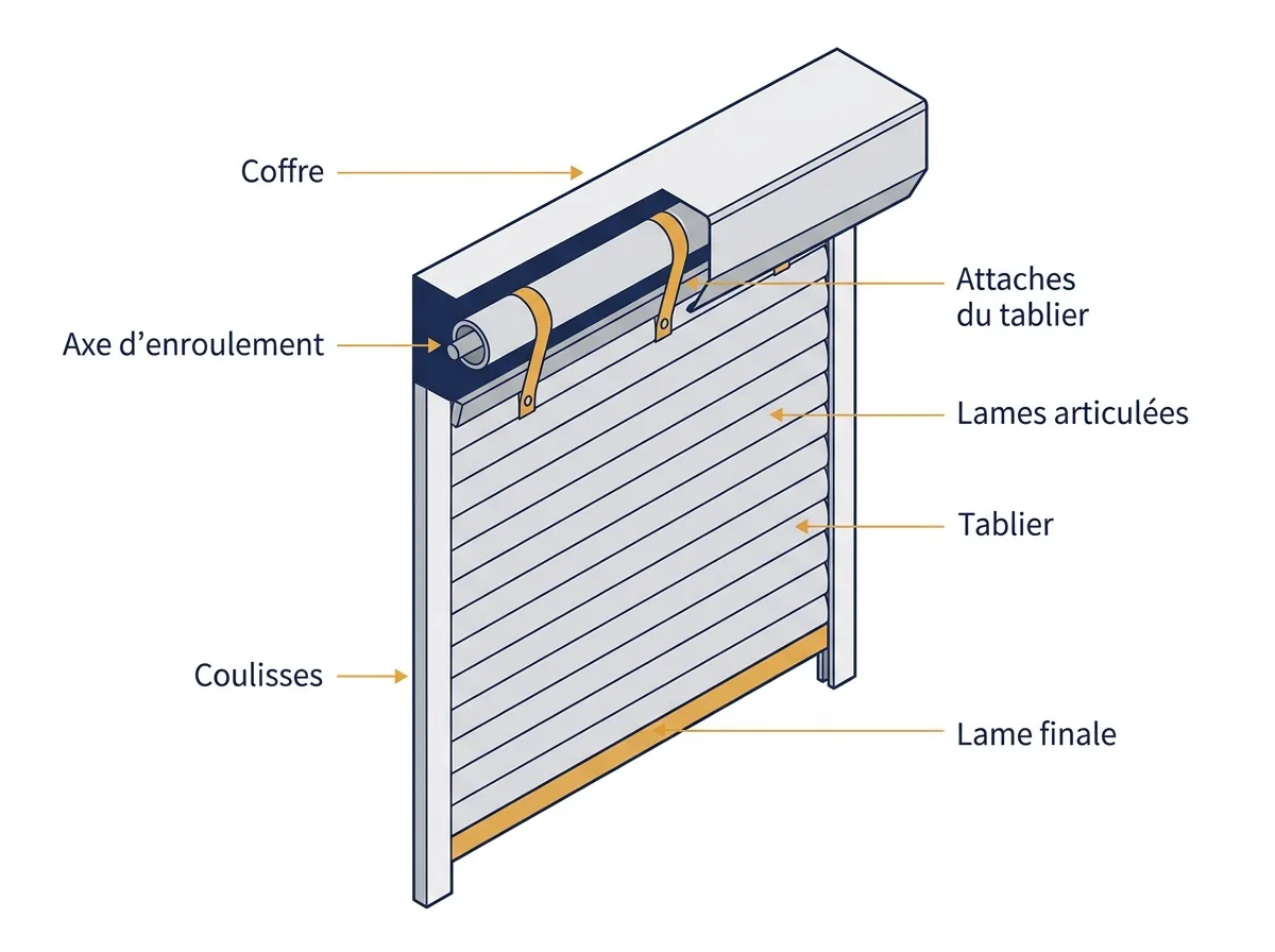 Schéma du coffre, du tablier et des coulisses d’un volet roulant qui fait du bruit.