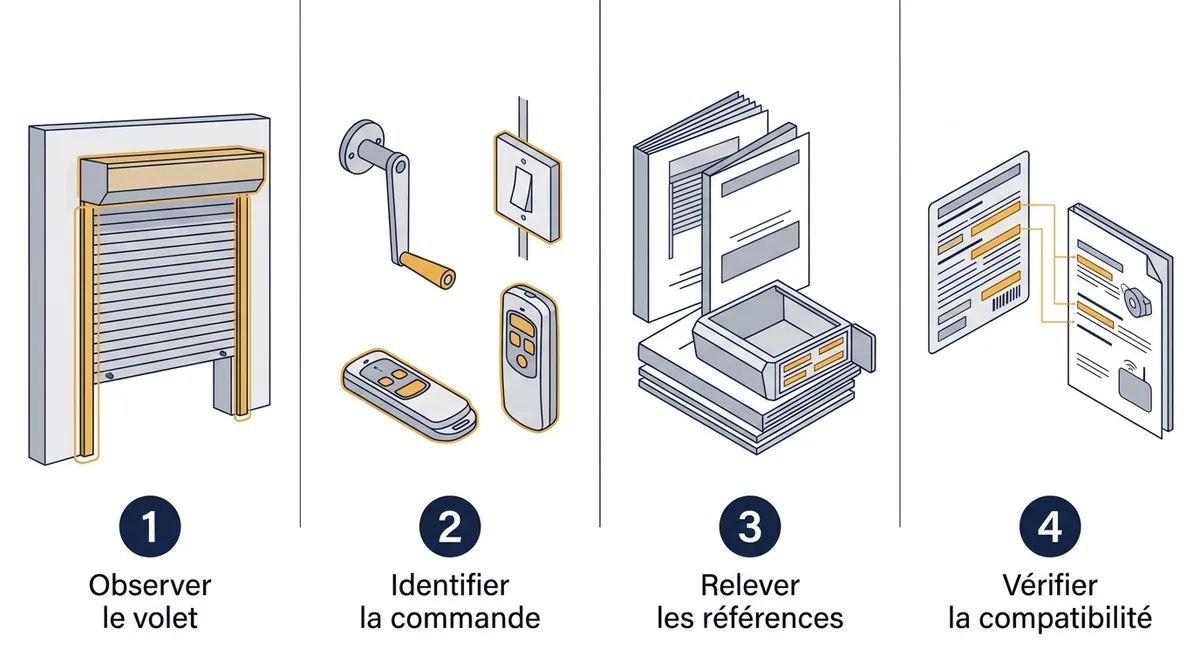 Étapes de repérage avant adaptation en volet roulant connecté : commande, références et compatibilité.