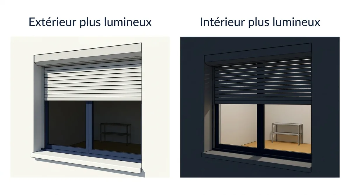 Visibilité à travers un volet roulant à lames orientables avec un intérieur sombre ou éclairé.