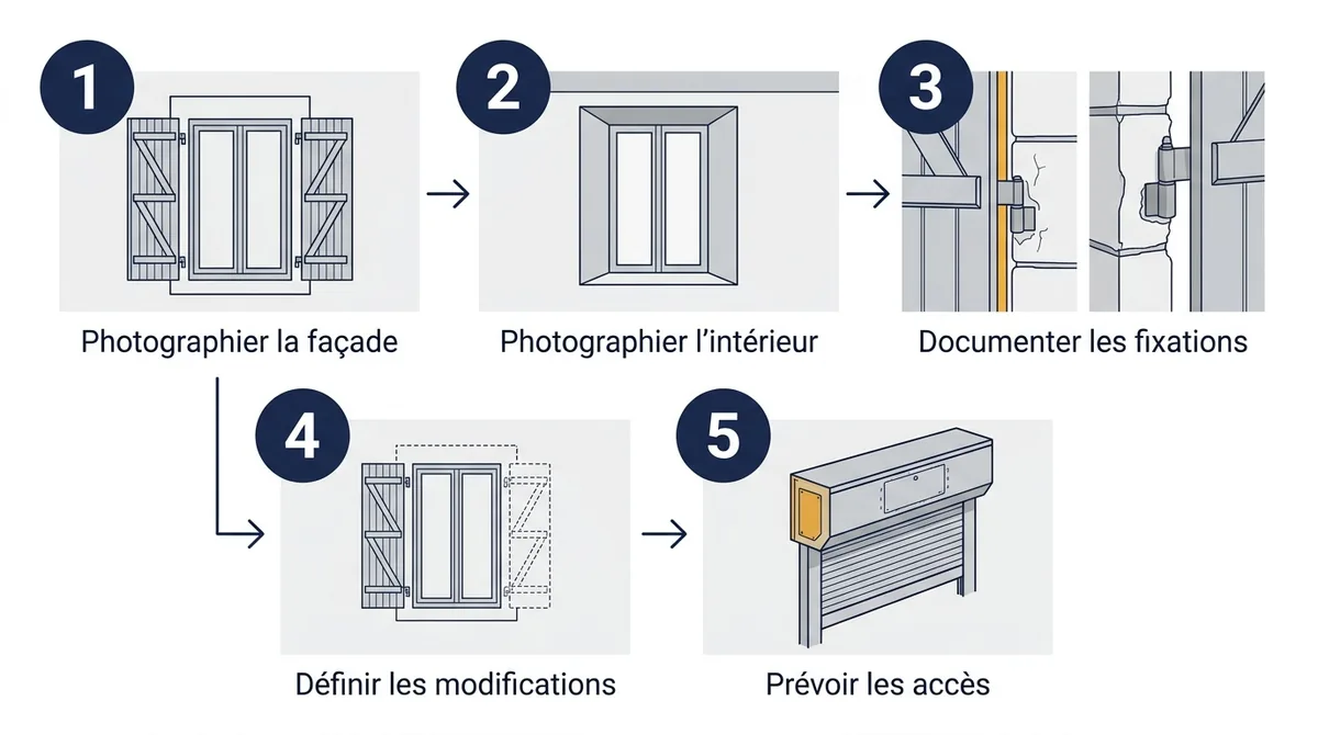 Étapes avant de choisir un volet roulant ou battant : façade, intérieur, fixations, modifications et accès.