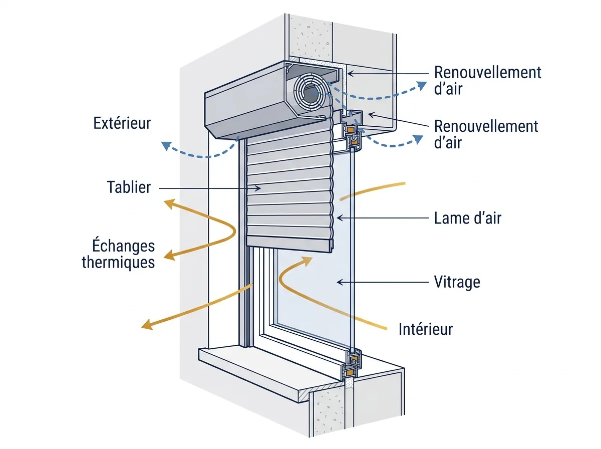 Coupe d'un volet roulant fermé montrant la lame d'air entre le tablier et le vitrage.