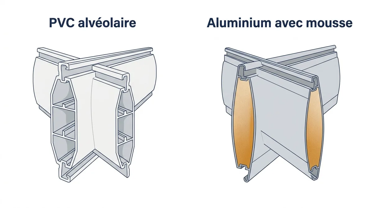 Lames de volet roulant : PVC alvéolaire et aluminium avec mousse isolante vus en coupe.