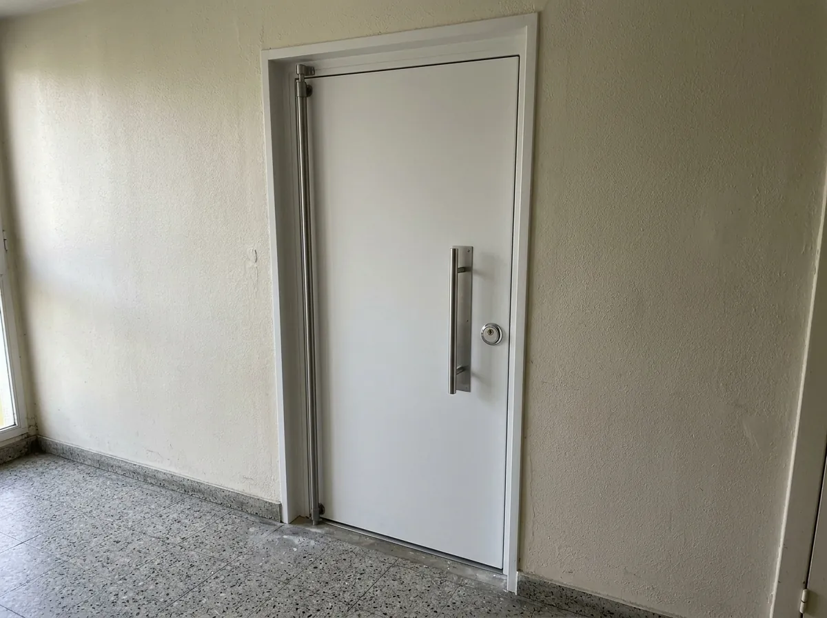 Blindage sur pivot sur le palier d'un immeuble des années 70