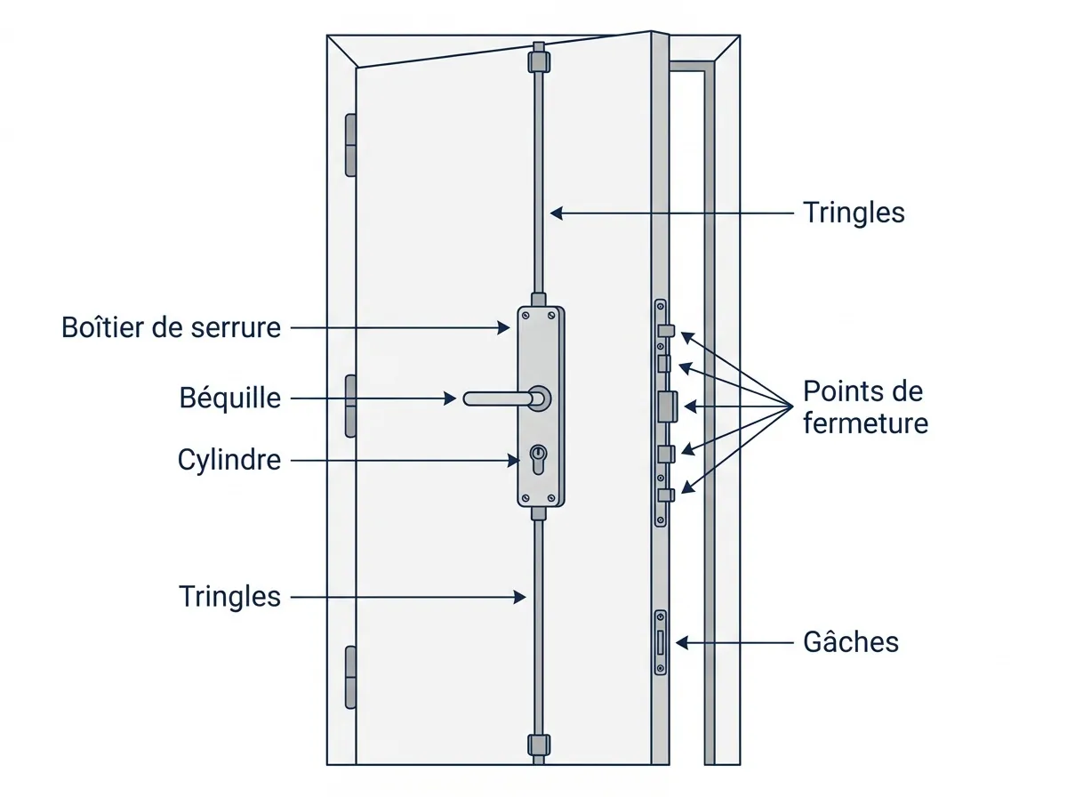 Schéma d'une serrure 5 points avec cylindre, tringleries, points haut et bas, gâches et bâti
