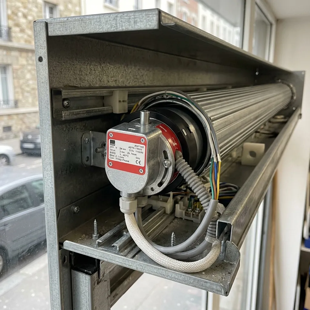 Moteur tubulaire pour rideau métallique : gros plan de la tête du moteur tubulaire et de son câble