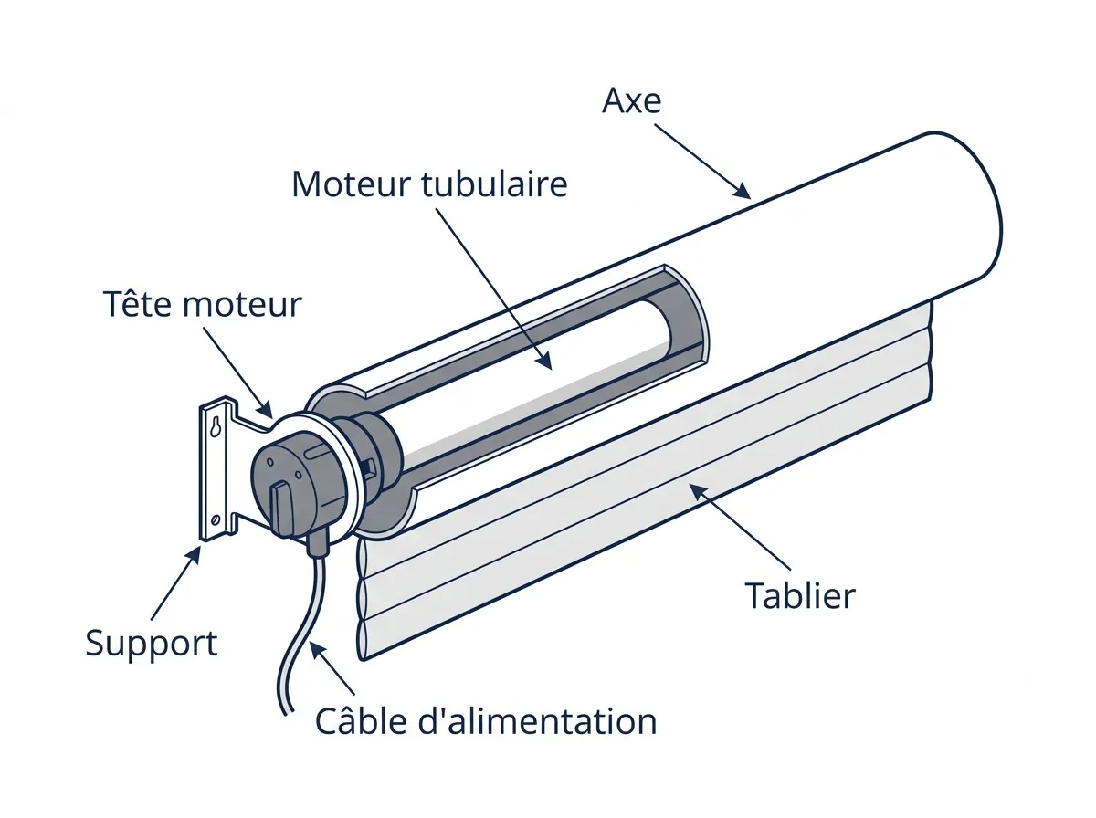 Schéma d’un rideau métallique avec tablier, coulisses, axe et moteur tubulaire étiquetés
