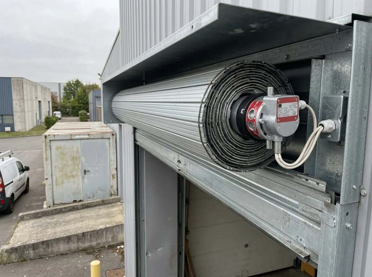 Moteur tubulaire pour rideau métallique sur un entrepôt de zone d'activité