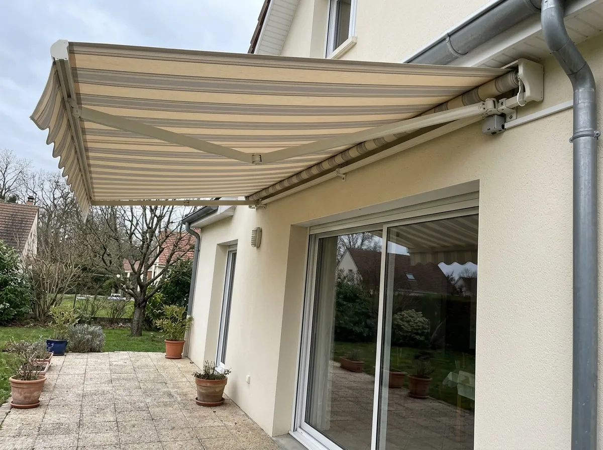 Motorisation de store banne manuel au-dessus de la terrasse d'un pavillon