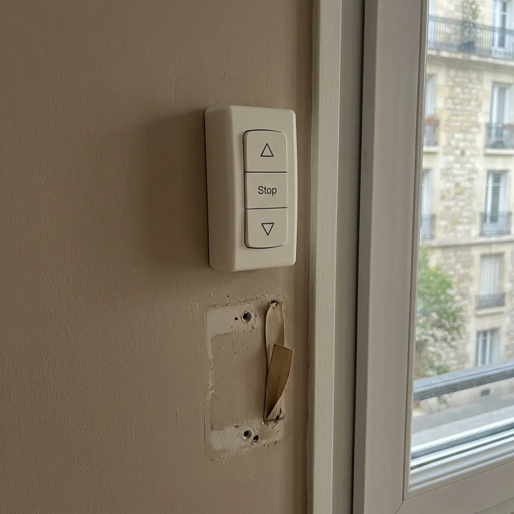 Motorisation de volets roulants existants : gros plan de l'interrupteur qui remplace l'ancienne sangle