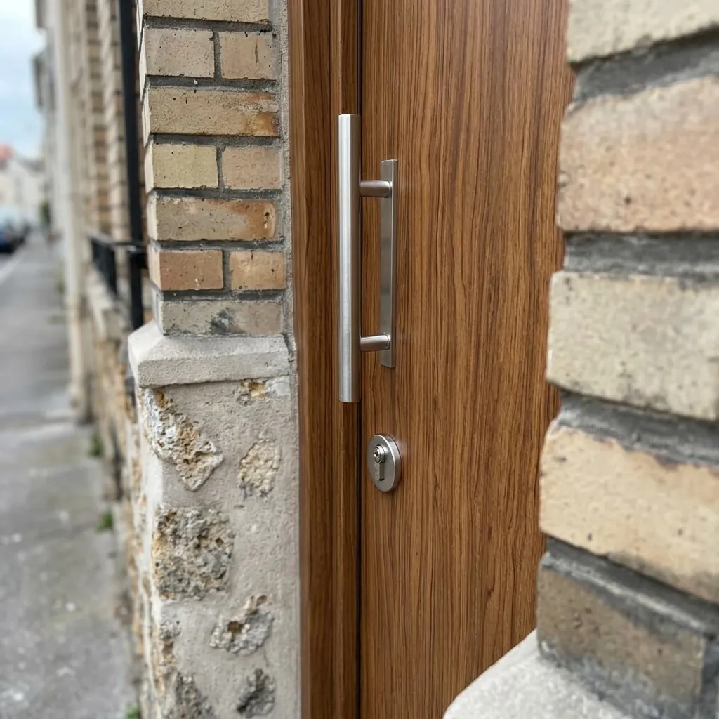 Porte blindée de maison : gros plan de la poignée et du protège-cylindre de la porte blindée