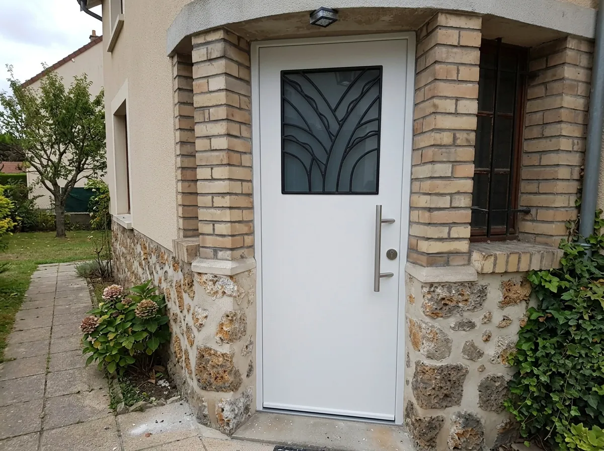 Porte blindée de maison posée en façade d'un pavillon, vue depuis l'allée du jardin