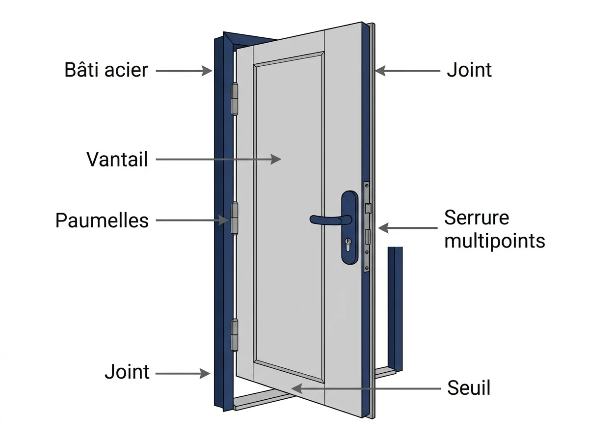Schéma d'une porte blindée avec bâti, vantail, paumelles, serrure et seuil