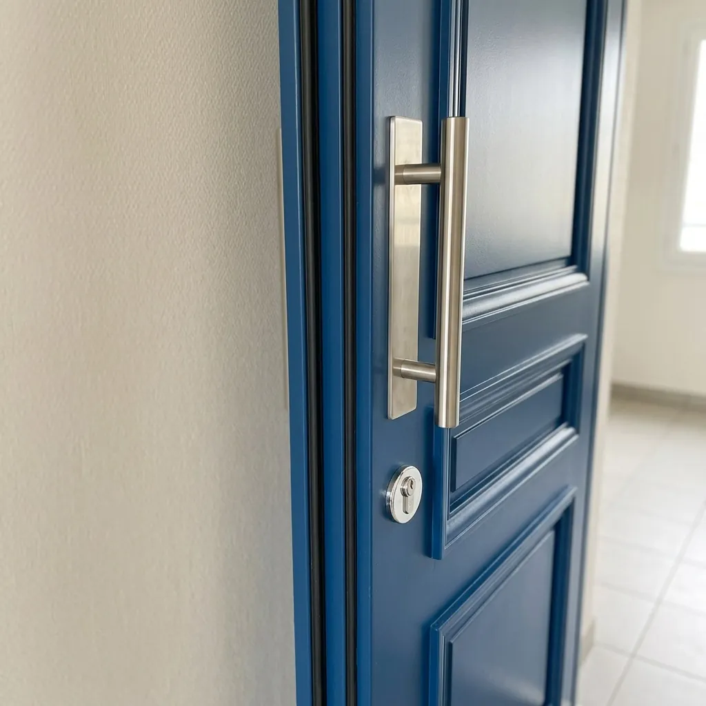 Porte blindée double vantaux : gros plan de la jonction entre les deux vantaux
