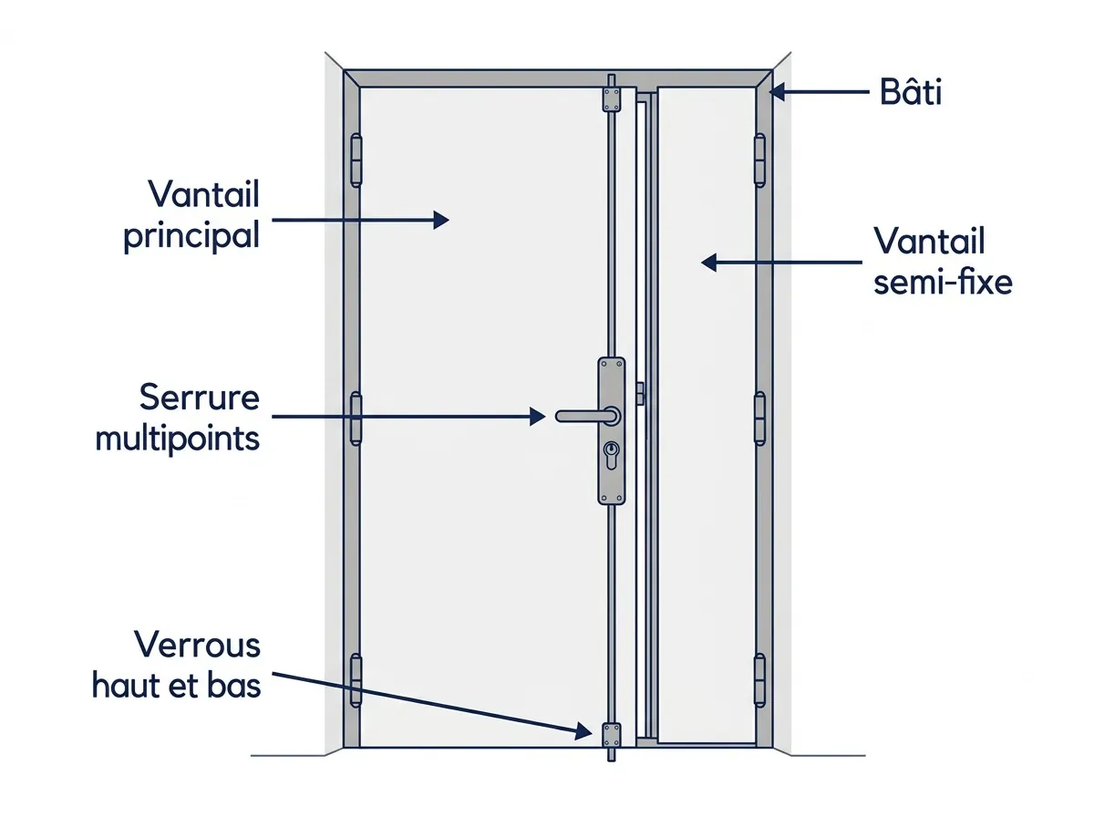 Schéma d'une porte blindée double vantaux avec bâti, vantail principal, semi-fixe et paumelles