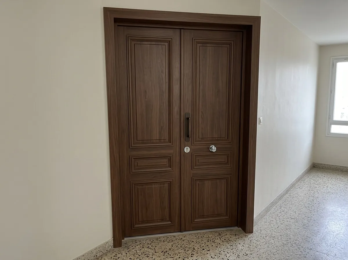 Porte blindée double vantaux sur le palier d'un immeuble des années 70