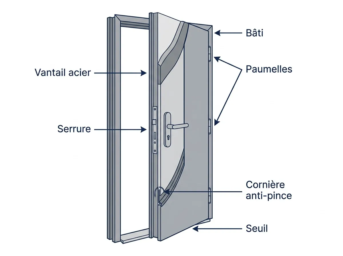 Schéma d'une porte blindée avec vantail, bâti, paumelles, serrure et seuil