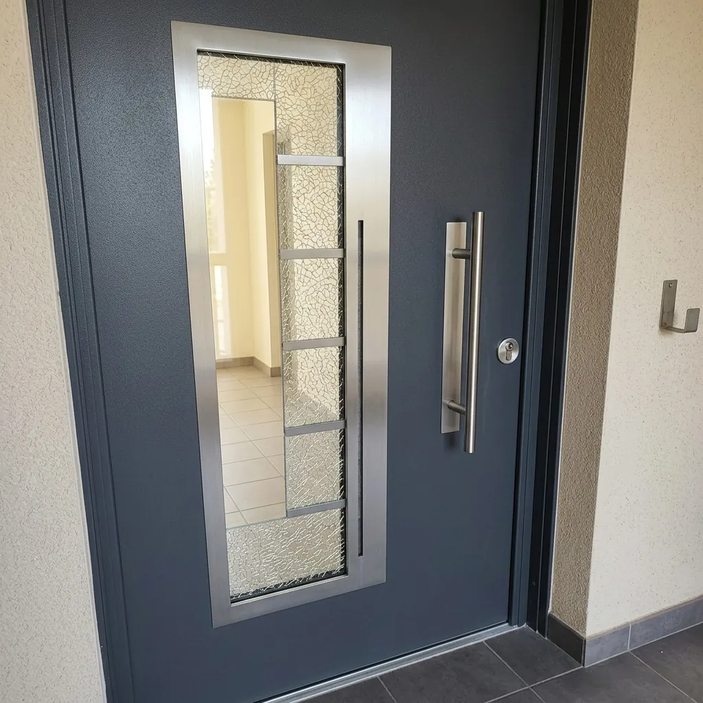 Porte blindée vitrée : gros plan du vitrage de sécurité intégré au vantail
