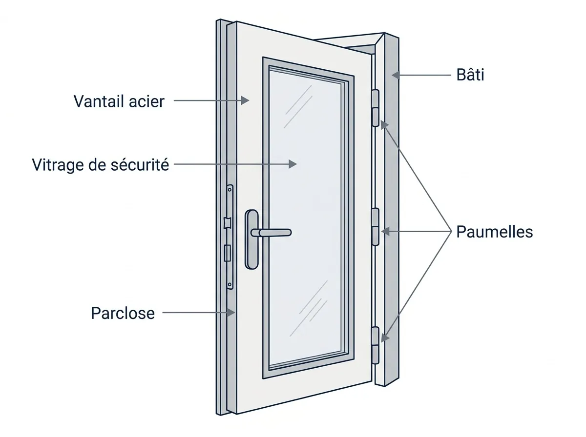 Schéma d'une porte blindée vitrée avec bâti, ouvrant, paumelles, serrure et seuil