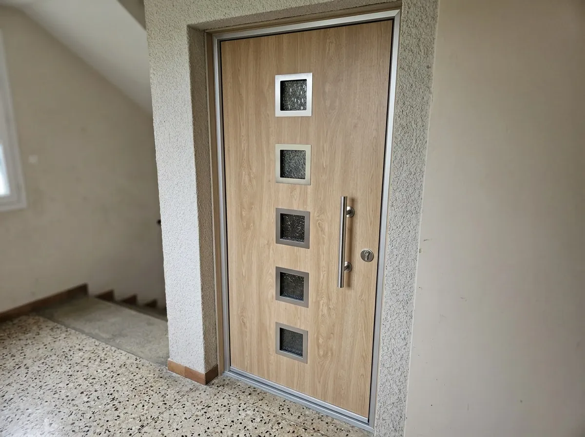 Porte blindée vitrée sur le palier d'un immeuble des années 70