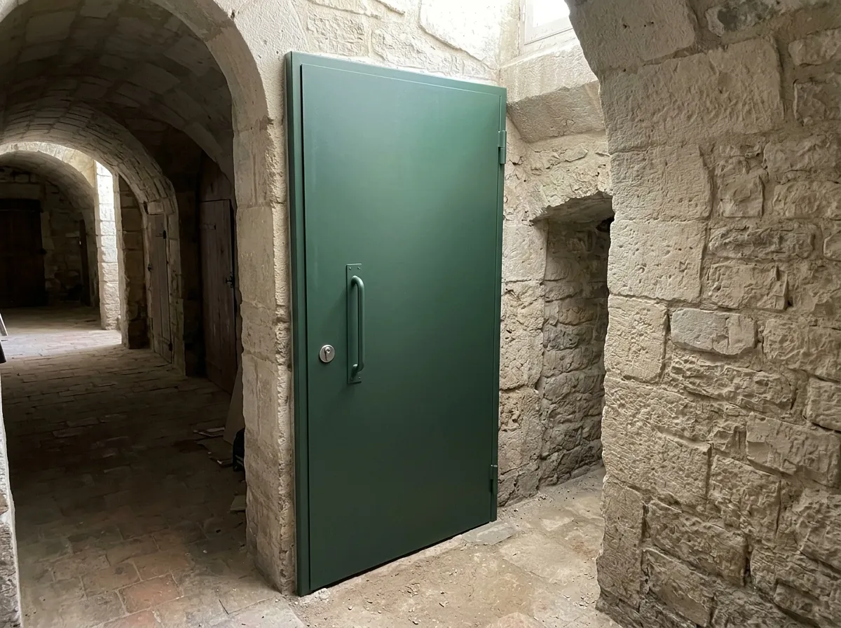 Porte de cave blindée dans les caves voûtées d'un immeuble ancien