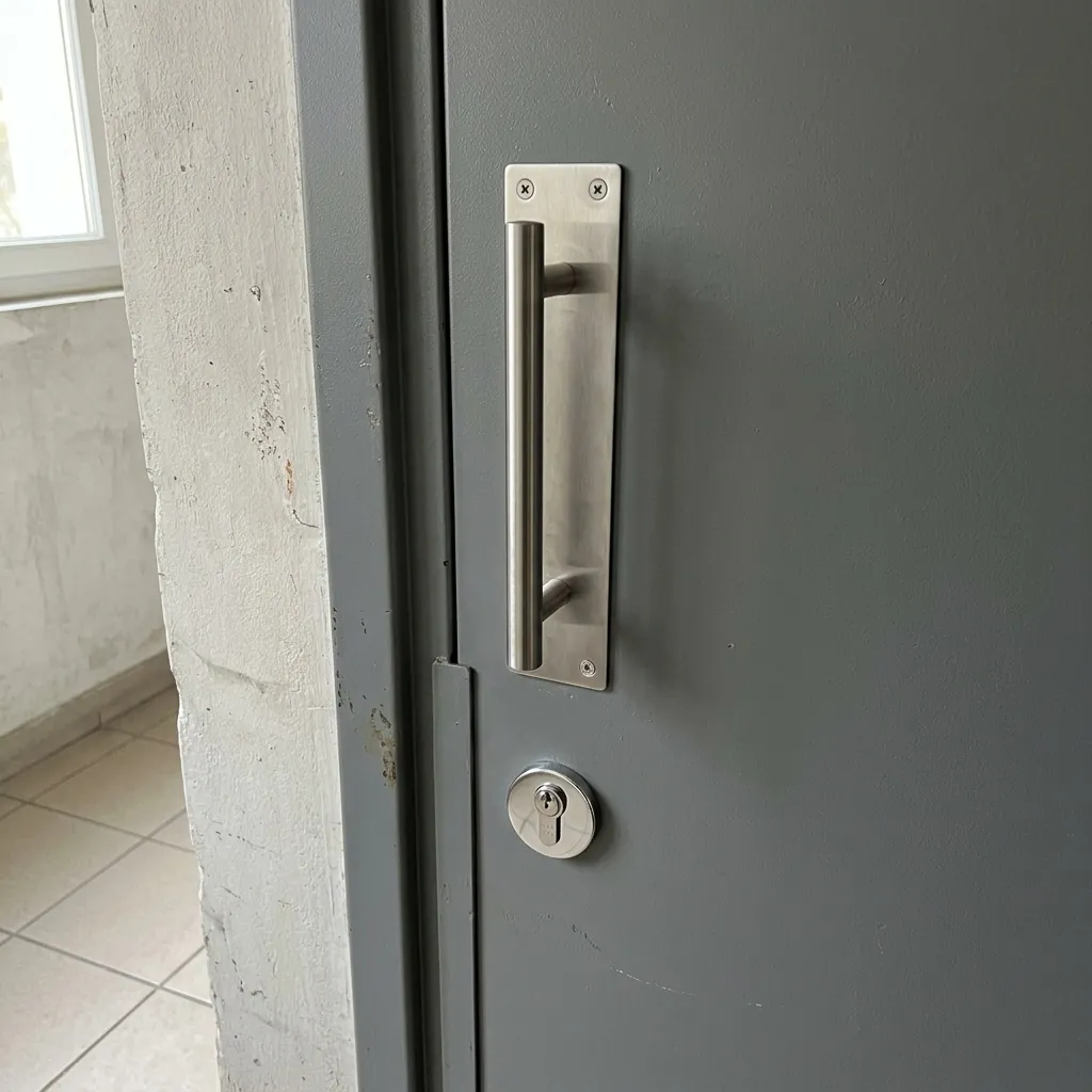 Porte de cave blindée : gros plan du protège-cylindre de la porte de cave