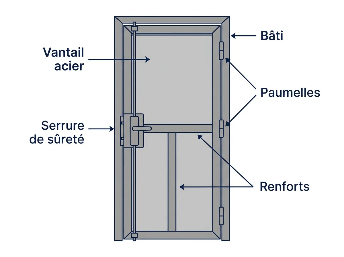 Schéma d'une porte de cave blindée avec bâti, vantail, serrure, paumelles et seuil