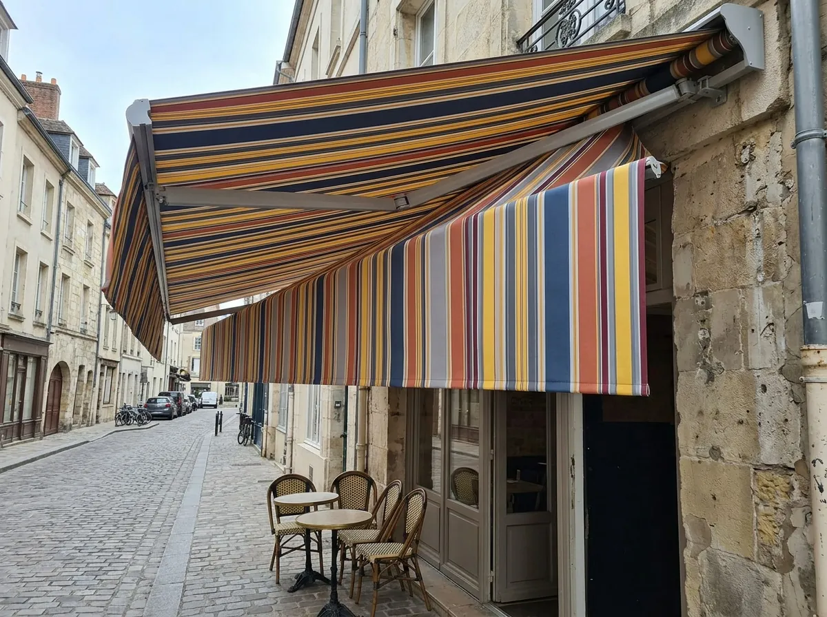 Remplacement de toile de store banne au-dessus d'une terrasse de café