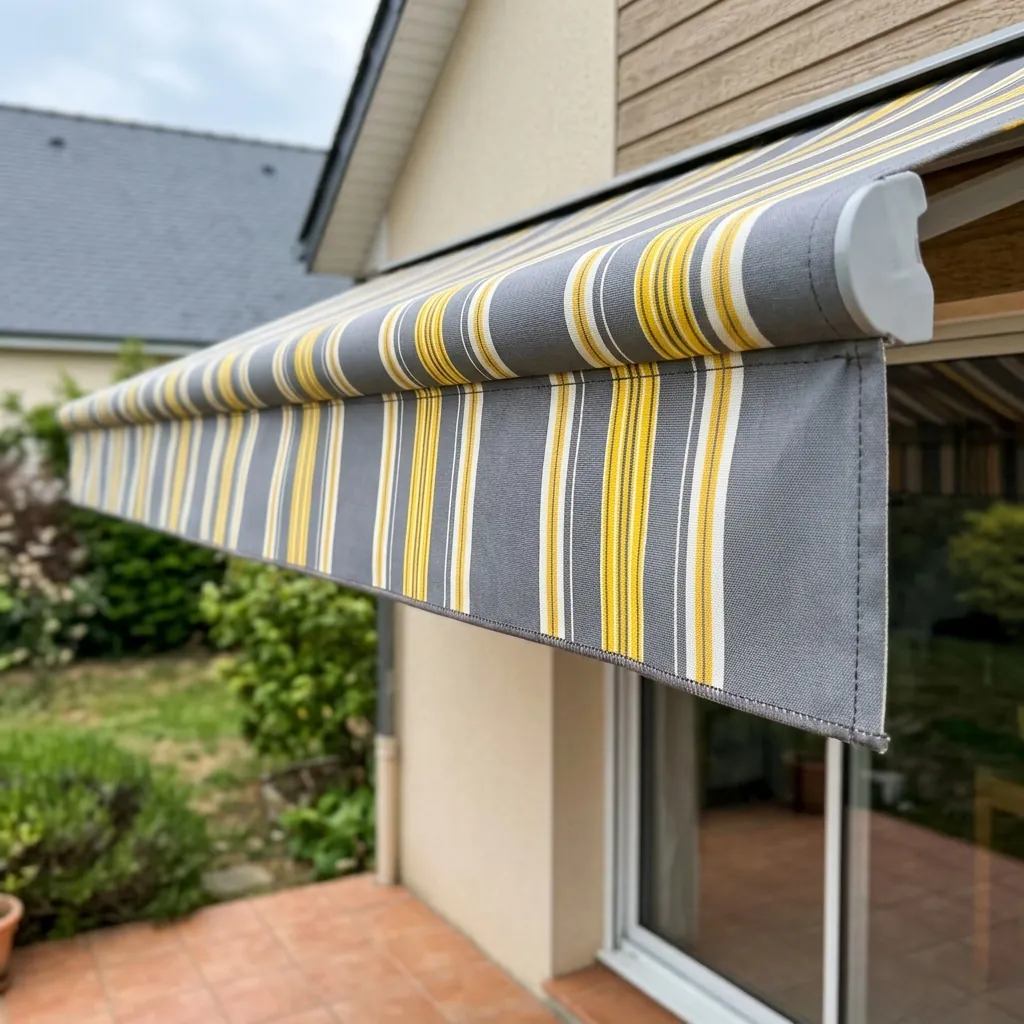 Remplacement de toile de store banne : gros plan de la nouvelle toile et de son lambrequin
