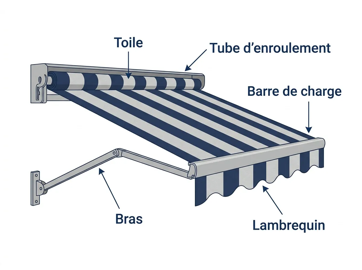Schéma d’un store banne avec toile, bras articulés, tube d’enroulement et barre de charge