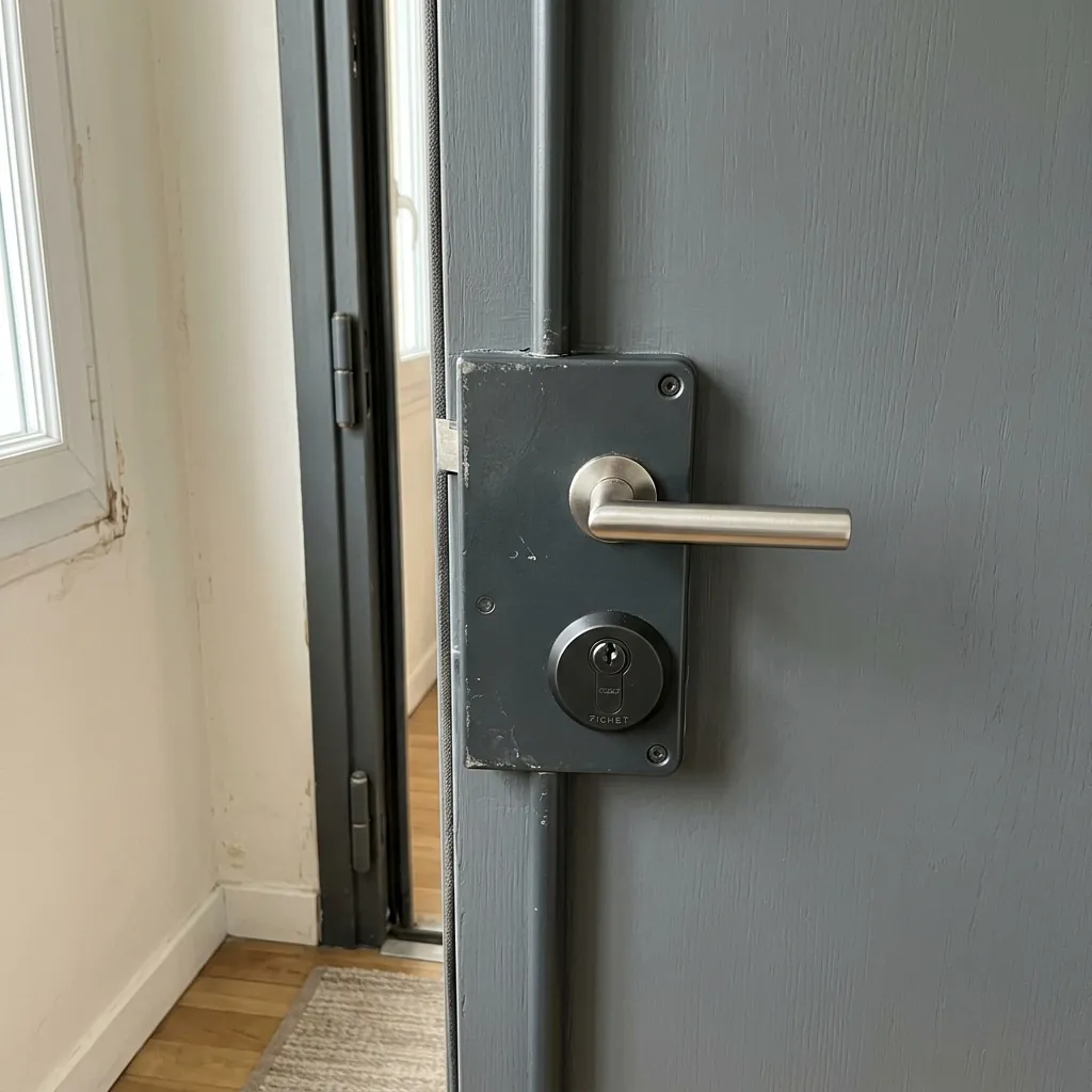 Remplacement de serrure de porte blindée : gros plan du nouveau boîtier de serrure et du cylindre