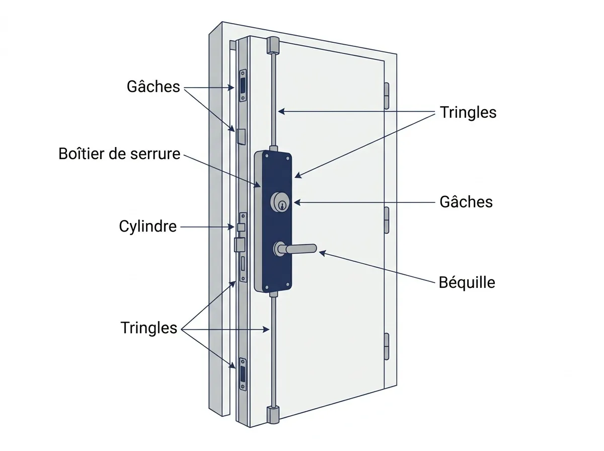 Schéma d’une porte blindée avec serrure, cylindre, pênes, gâches et bâti