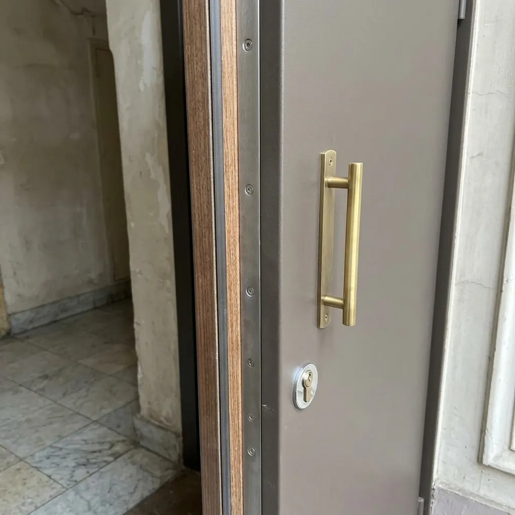 Renforcement de porte bois par tôle acier : gros plan de la tôle acier fixée sur le vantail bois