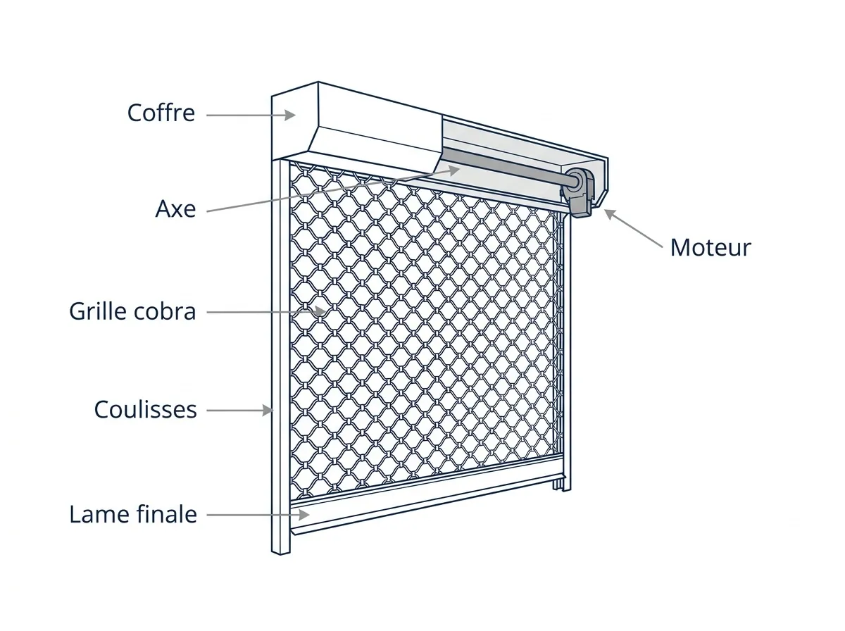 Schéma d’une grille cobra avec tablier, axe, baie et points de fixation