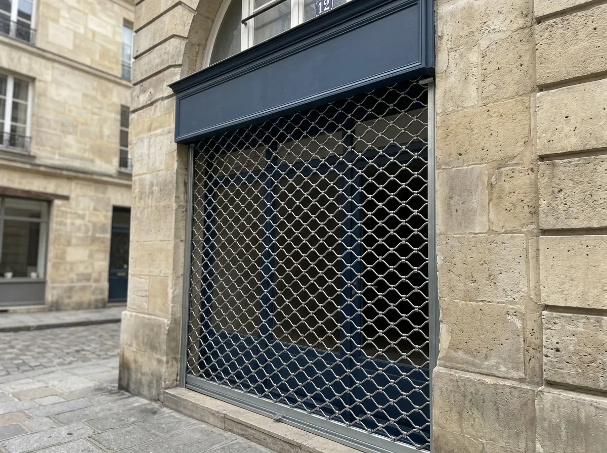 Rideau métallique grille cobra sur une devanture de boutique parisienne
