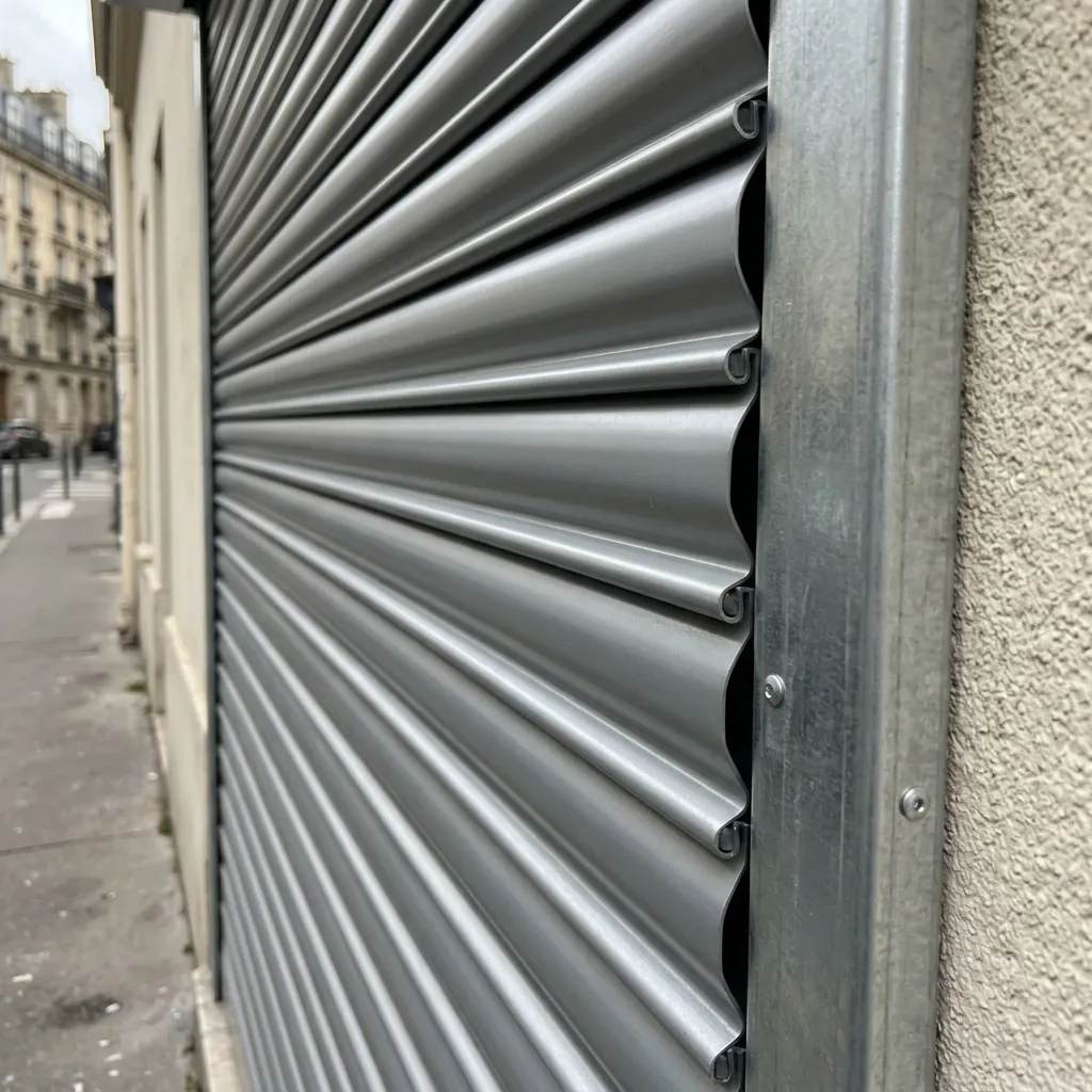 Rideau métallique lame pleine acier : gros plan des lames pleines et de la coulisse