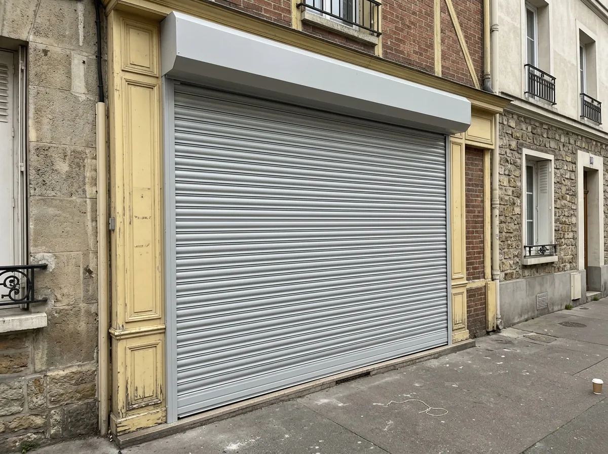 Rideau métallique lame pleine acier sur une boulangerie de quartier
